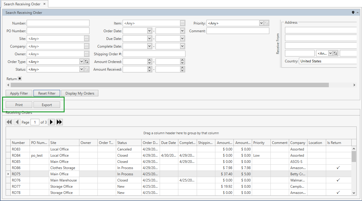 Receiving_Orders._Search_Order._Print_and_Export